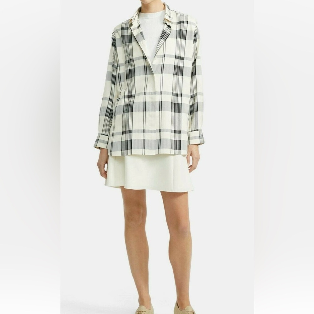 THEORY Silk Blend PLAID CLASSIC LONG SLEEVE MENSWEAR SHIRT IVORY Sz M Like new
